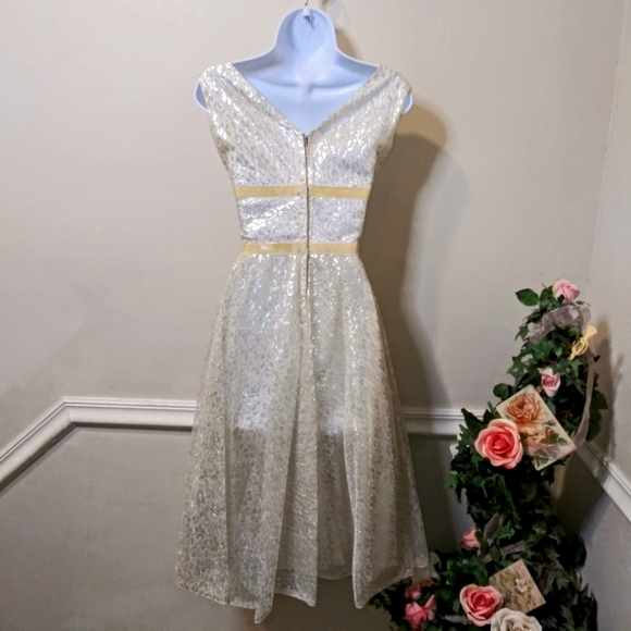 Vintage 1950's Handmade Silver Lace & Ivory Velvet Sleeveless Skater Style Dress - Picture 9 of 14